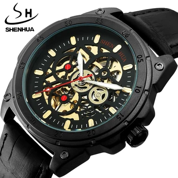 Автоматические механические часы SHENHUA с 3 стрелками, матовый черный циферблат, ремешок из натуральной кожи, мужские наручные часы в деловом стиле с Автоподзаводом