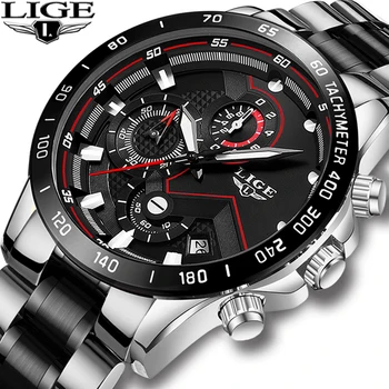 Военные часы LIGE, Мужские часы с ремешком из нержавеющей стали, водонепроницаемые черные кварцевые наручные часы с хронографом, мужские модные спортивные часы