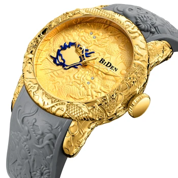 Креативные 3D Скульптурные мужские часы Dragon С лазерной гравировкой, золотой Черный кожаный ремешок, reloj negro hombre, Мужские наручные часы