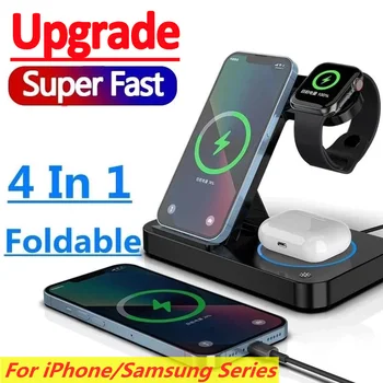 Складная Беспроводная Зарядная Станция 15 Вт 4 в 1 для iPhone 14 13Pro Apple Watch 7/6 для Samsung Galaxy Watch Зарядные Устройства 4/3 S22 S21