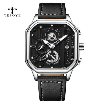 Новый дизайн, серебряные часы с хронографом на 6 стрелок, мужской календарь, дата, предметы роскоши с кожаным ремешком