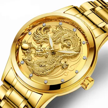 FNGEEN Новые часы мужские кварцевые часы с рисунком дракона, светящийся золотой кварцевый ультратонкий стальной ремень