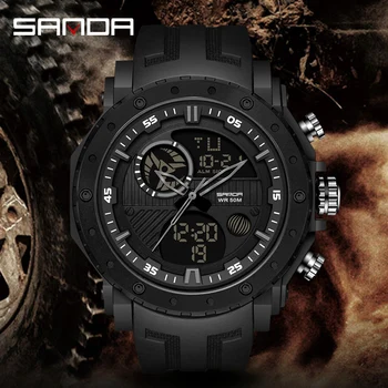 SANDA 6012 Кварцевые часы Мужские Армейские черные 50 м Водонепроницаемый силиконовый ремешок Спортивные часы Со Светящимся цифровым дисплеем Relogio Masculino