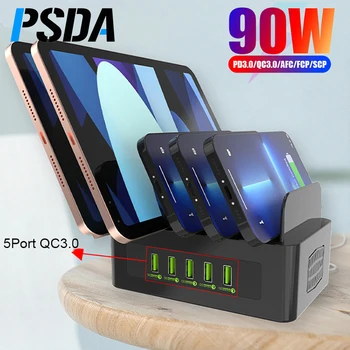 PSDA 5-портовое мультизарядное устройство QC3.0 мощностью 90 Вт, зарядное устройство PD 18 Вт, зарядная станция USB C с подставкой для Samsung Huawei iPhone iPad, смартфонов и планшетов