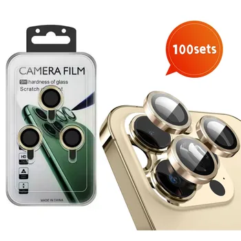 100 комплектов для iPhone 14 13 12 11 Pro Max Plus, металлическая крышка объектива камеры в стиле CD, защитная пленка из 3D-сплава, закаленное стекло, добавить коробку